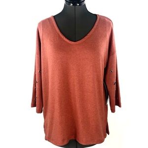 Onque Womans Rust V Neck 3/4 Sleeve Sweater Size Large